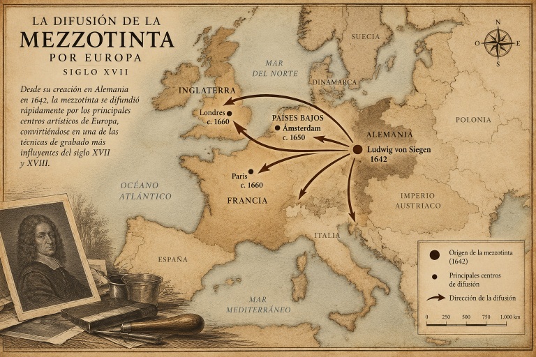 Carte de la diffusion de la mezzotinte en Europe au XVIIe siècle